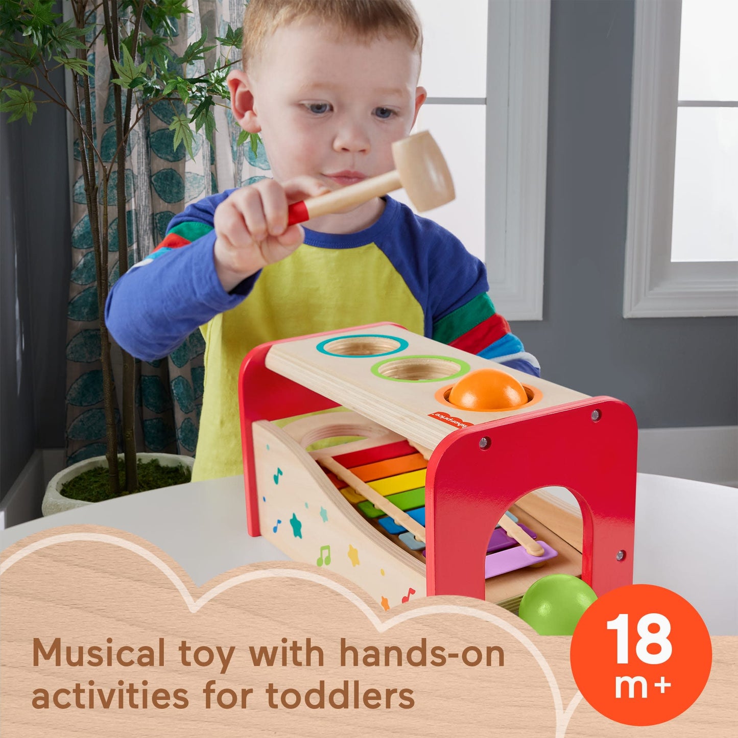 Fisher-Price Wood Toddler Toy Pound & Tap Bench Xylophone, 6-Piece Wooden Musical Activity For Preschool Kids Ages 18+ Months
