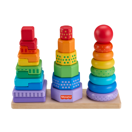 Fisher-Price Wooden Stacking Shape Sorter Toddler Fine Motor Toy, 26 Wood Pieces
